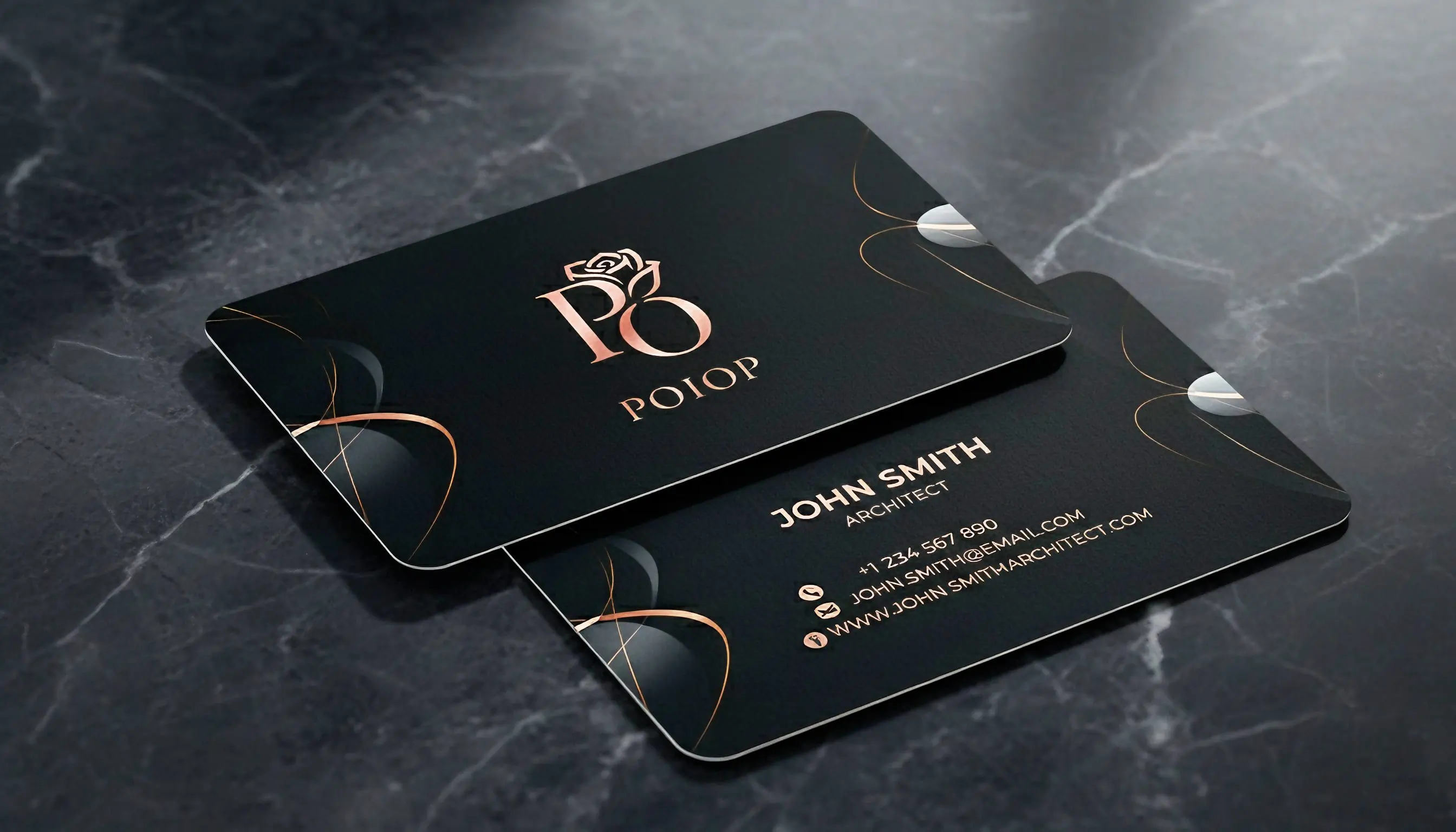 Premium POIOP business cards with rose-gold foil on dark marble